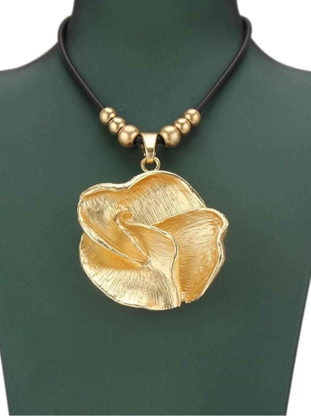 Anthropologie Gold Floral Pendant Necklace with Black Cord - Picture 1 of 8